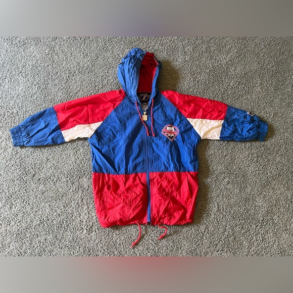 Vintage Logo 7 Phillies Windbreaker Jacket Sz S Red White Blue Nylon Baseball - Picture 1 of 14